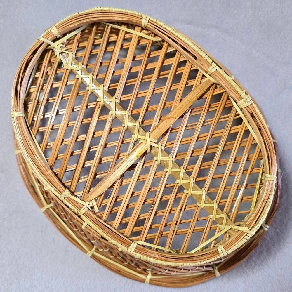 Vintage Oval Wicker Rattan Basket Natural Brown Open Weave 12.5 in